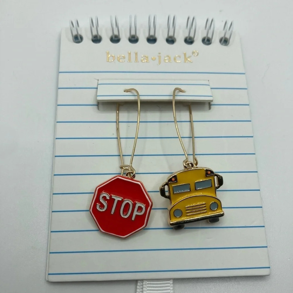 BELLA JACK Mismatched Back to School Bus & Stop Sign Dangle Earrings NEW NWT